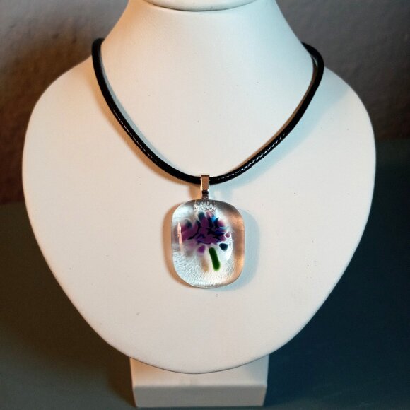Artisan Jewelry - One of a kind artisan made purple bright blue abstract flower pendant necklace